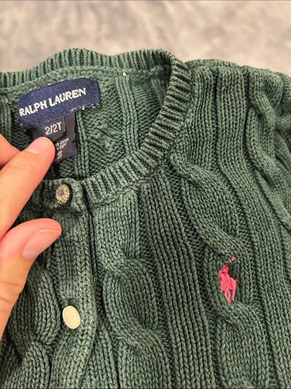 Ralph Lauren Dark Green Cable Knit Peplum Cardigan with Pink Pony